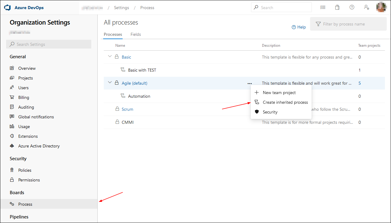 Screenshot of the All Processes screen with Create inherited process action.