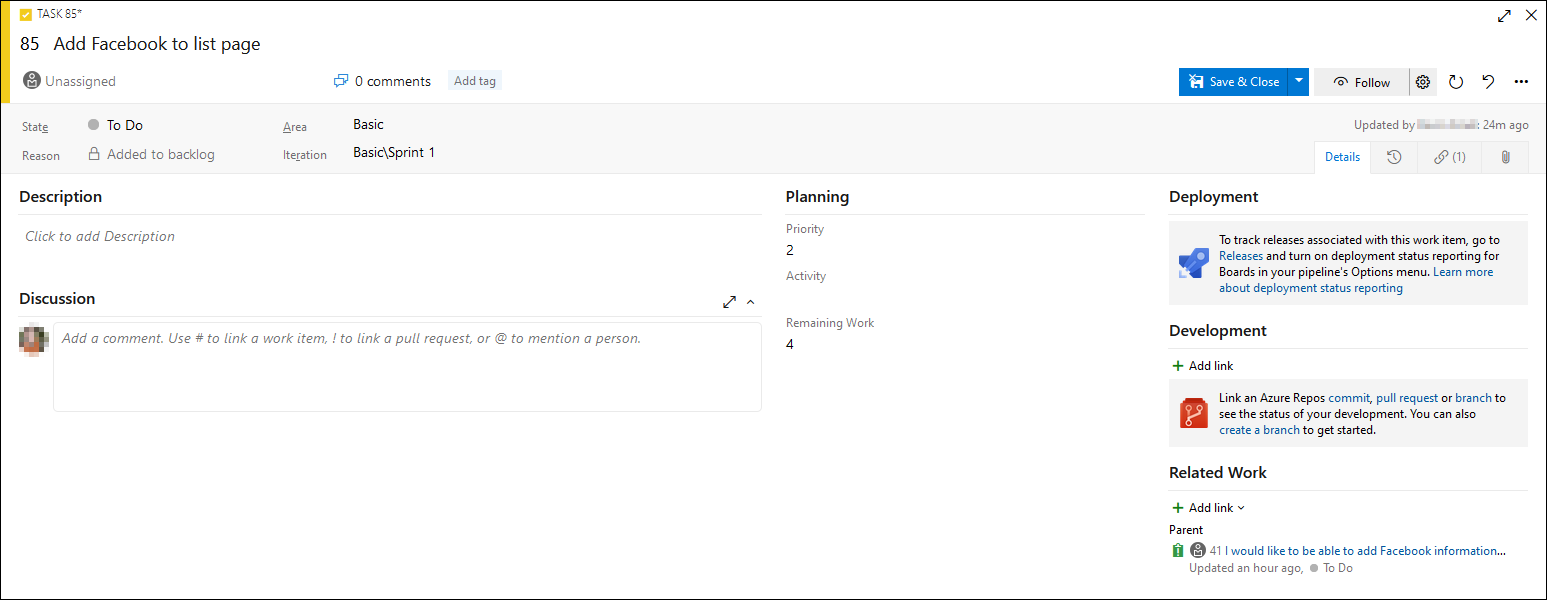 Screenshot of the Remaining work feature for a task.