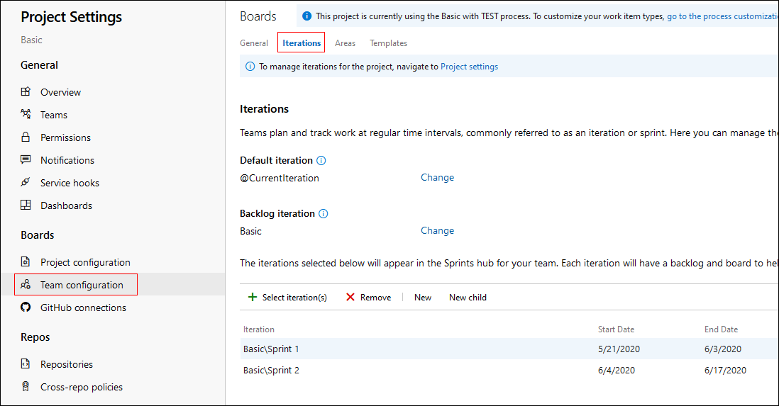Screenshot of the Iterations from the Team configuration board.