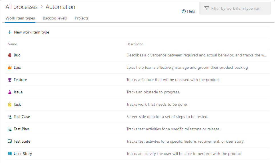 Screenshot of the Work item types view.