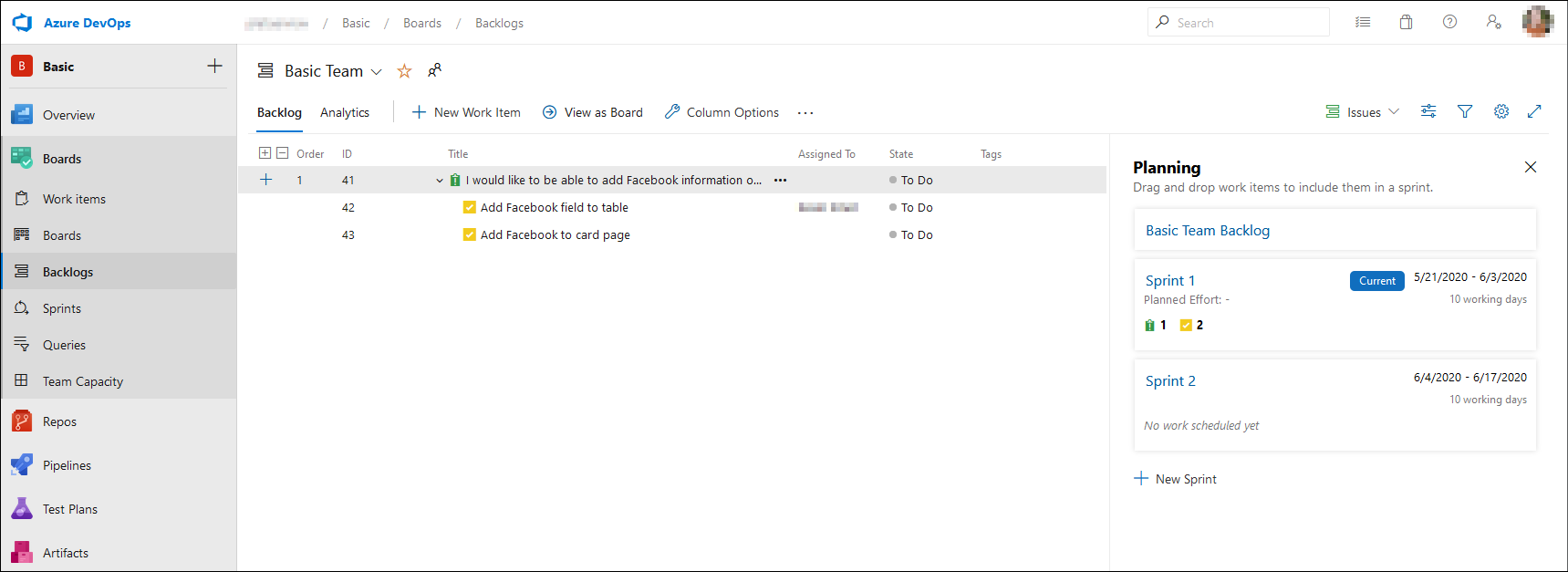 Screenshot of the Basic Team Backlog.