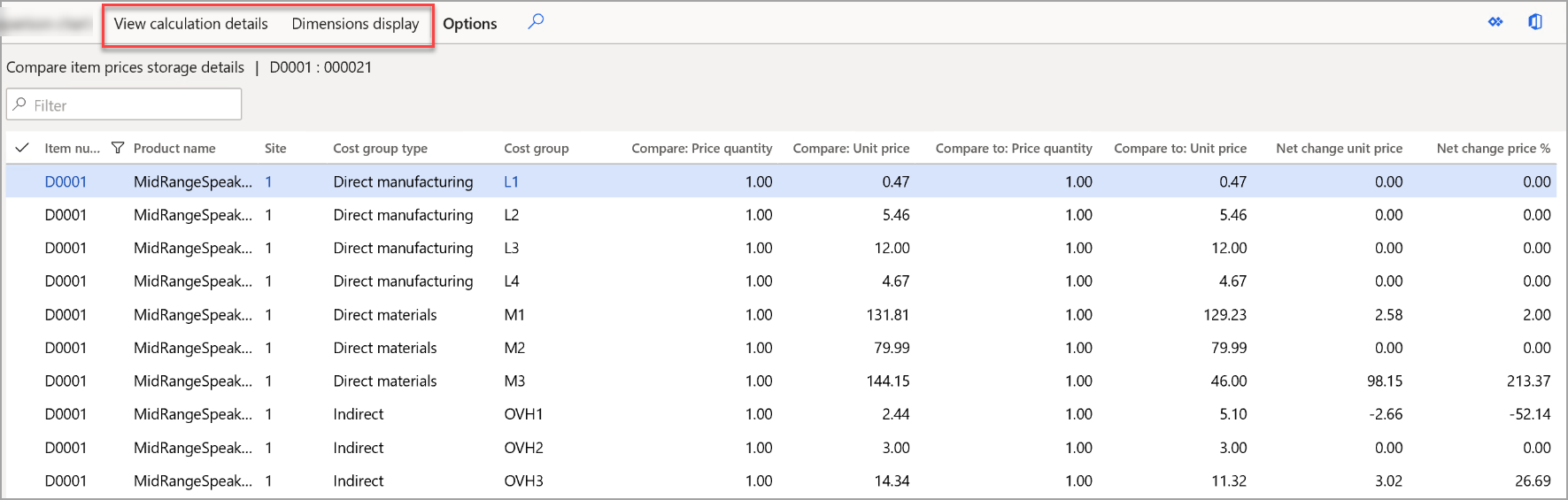 Screenshot of compare item price storage details page.
