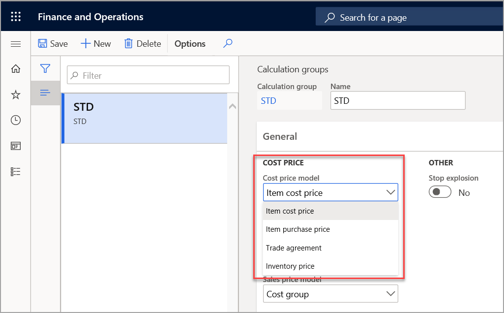 Screenshot of the Calculation groups page highlighting the Cost price model drop down list.