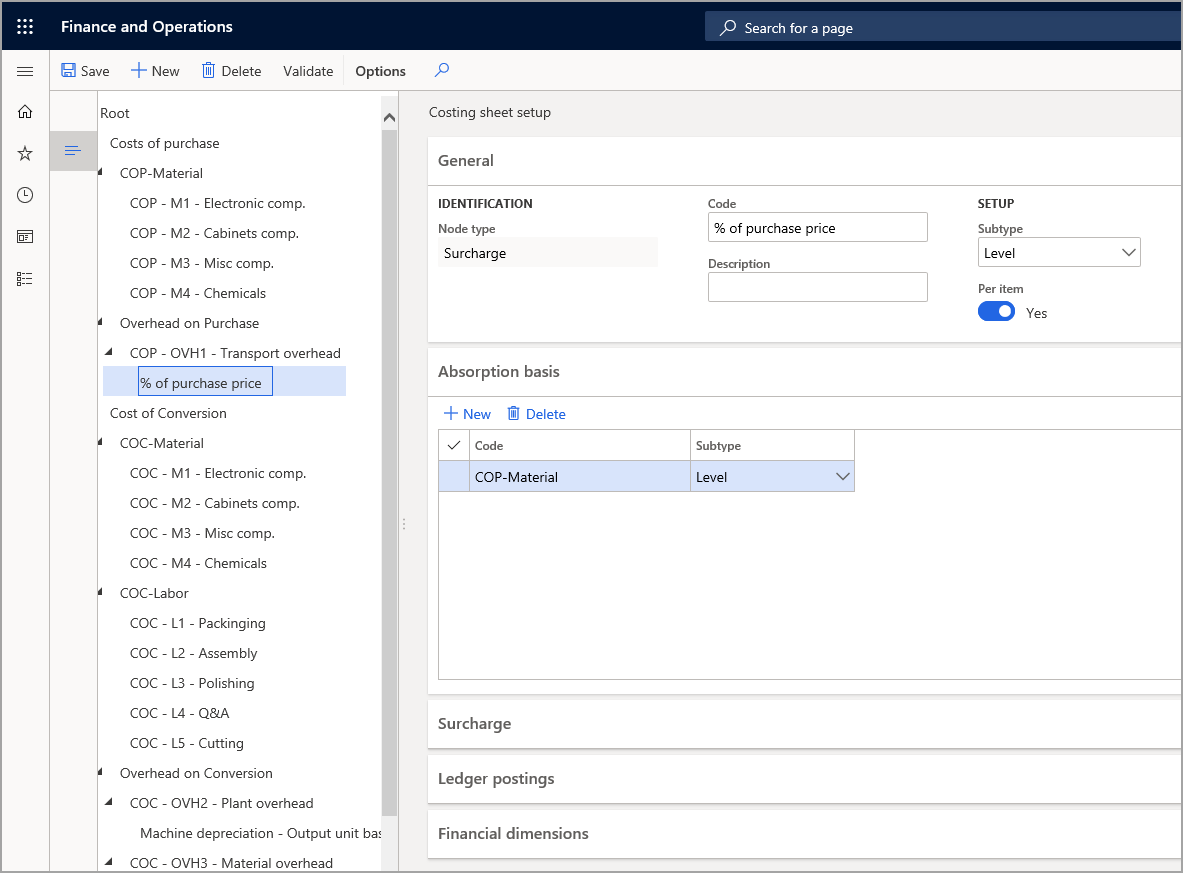 Screenshot of the Costing sheet setup page.