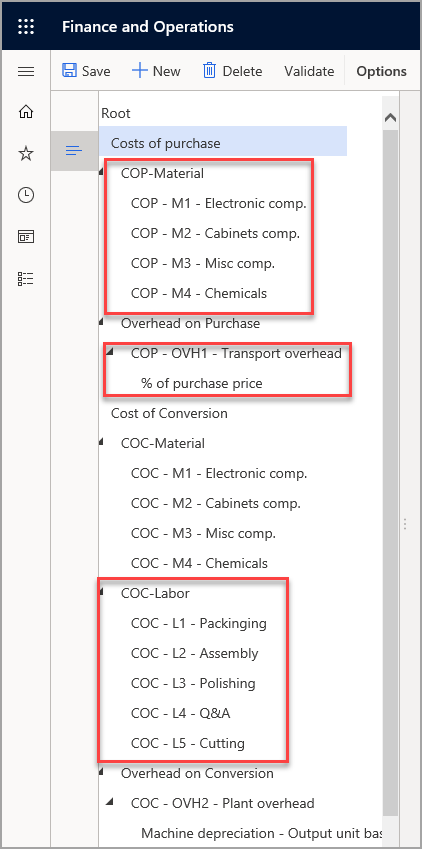 Screenshot of the cost segmentations which can be used to define the costing sheet format.