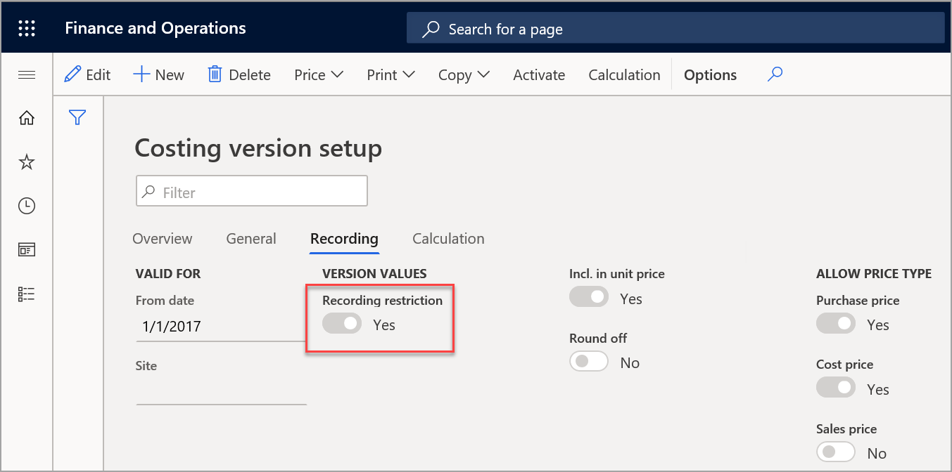 Screenshot of the Recording restriction button on the Costing version setup page.