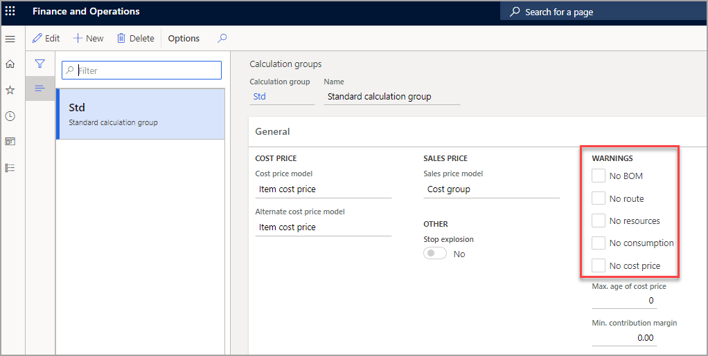 Screenshot of the Calculation groups page highlighting the Warnings section.