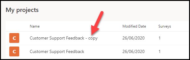 In the My projects list, Customer Support Feedback - copy appears.