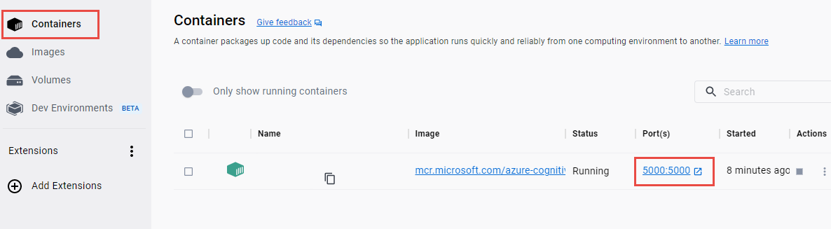 Screenshot showing the container port link.