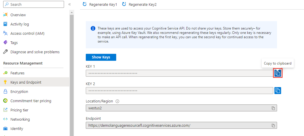 Screenshot showing the Copy to clipboard button next to Key 1.