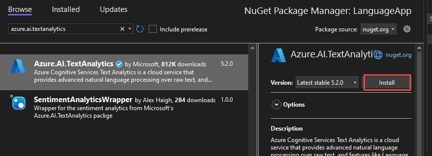 Screenshot showing the install NuGet package button.