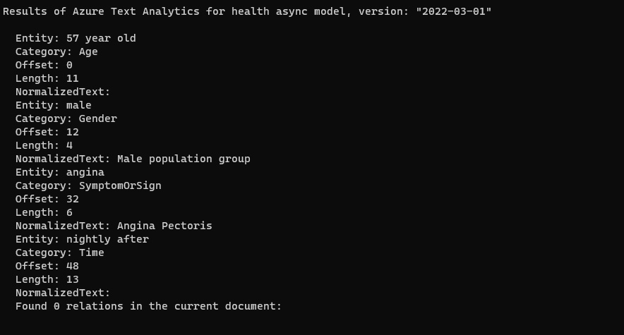 Screenshot showing the console application output.