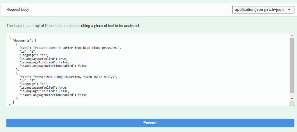 Screenshot showing the Request body and the Execute button.