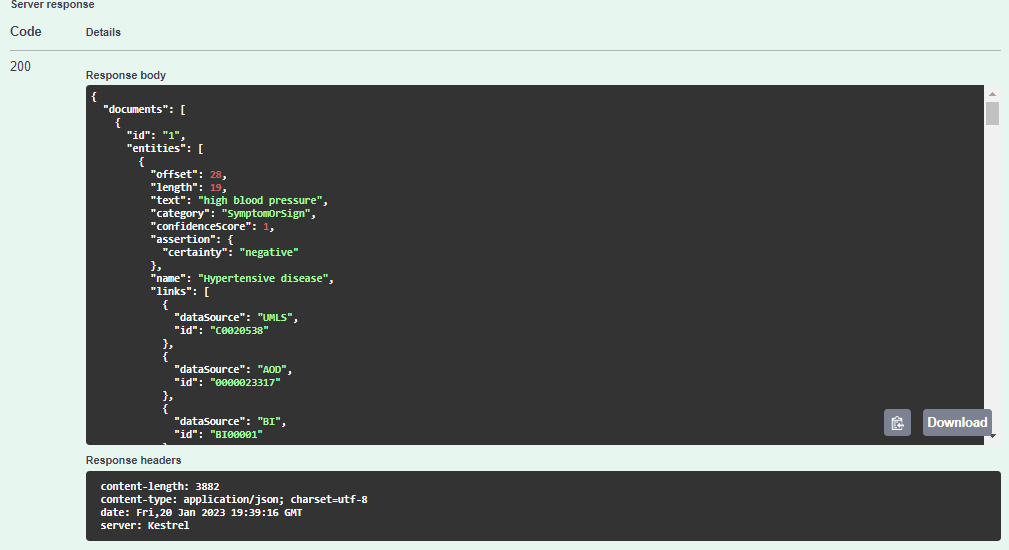 Screenshot showing the Response body.