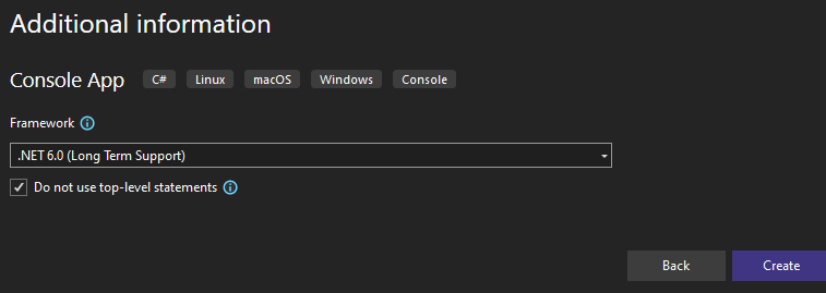 Screenshot showing the create new console app wizard.