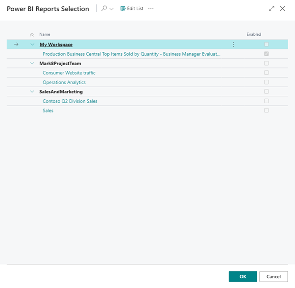 Screenshot showing the Power BI Reports Selection page.