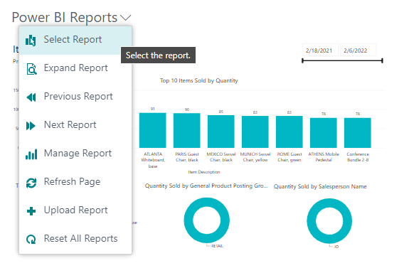 Screenshot showing the Select Report option on the Power BI reports drop-down list.