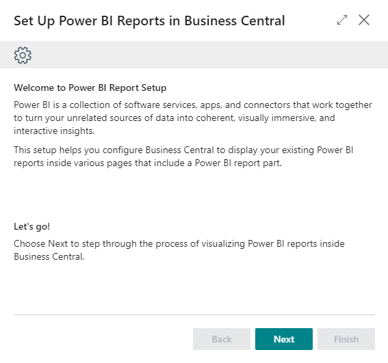 Screenshot of the Set Up Power BI Reports in Business Central page after the assisted setup starts.