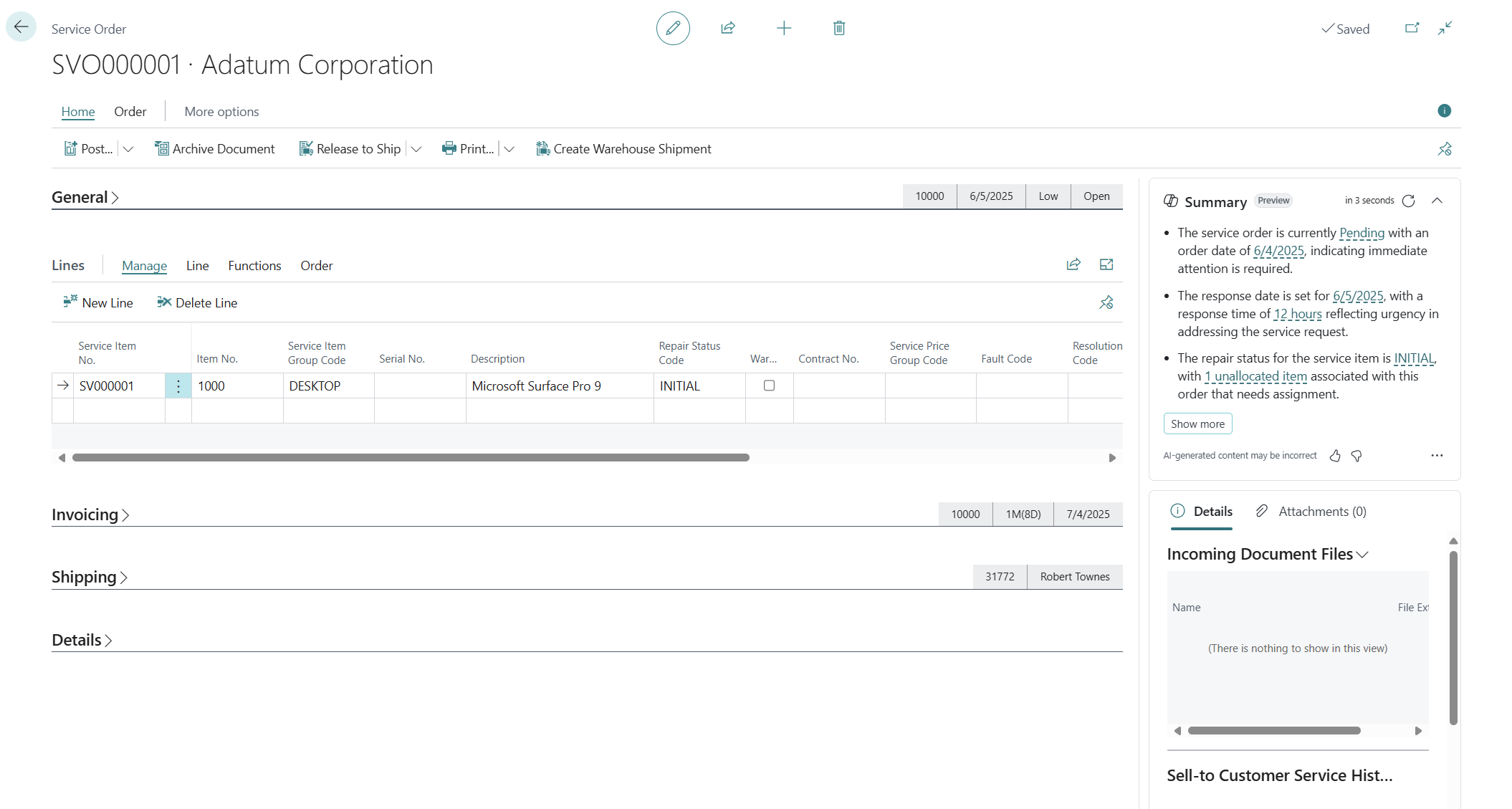 Screenshot of the service order document structure.