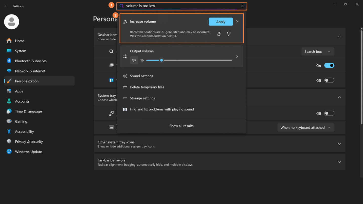 Screenshot of Agent in Settings on a Copilot+ PC, showing various settings.