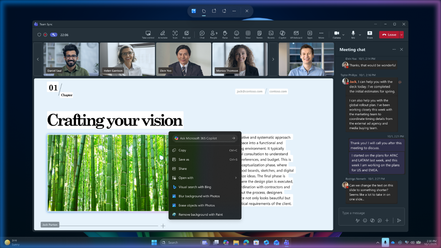 Screenshot of Click to Do feature in action during a Microsoft Teams meeting.