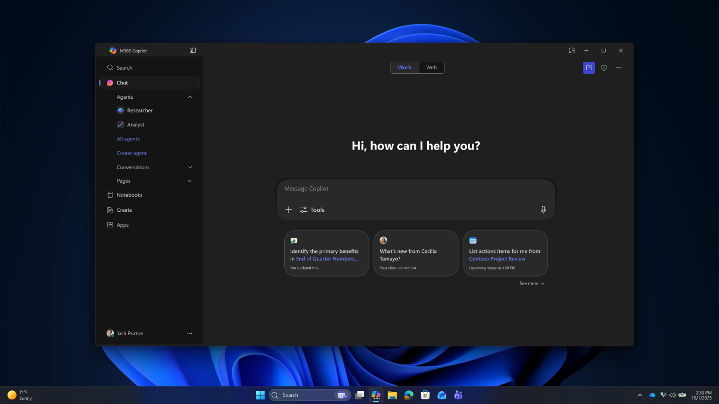 Screenshot of Copilot app in dark mode with the prompt box displayed and suggested app actions below it.