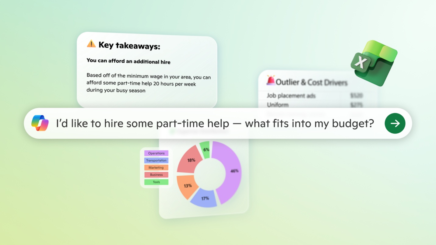 Animation that shows Copilot in Excel analyzing various budgets and financials.