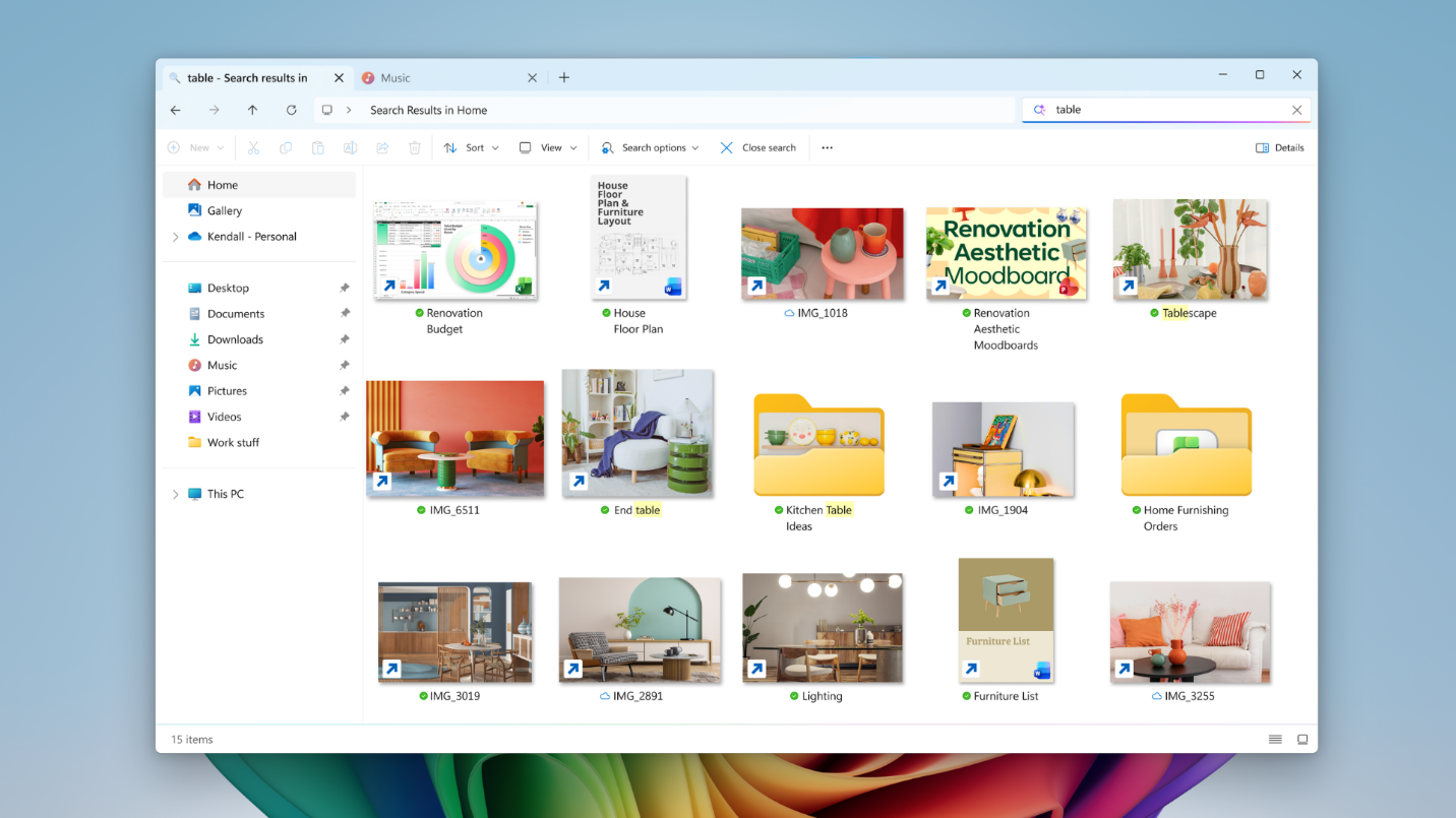 Screenshot of Improved Windows Search in action on a Copilot+ PC in File Explorer.