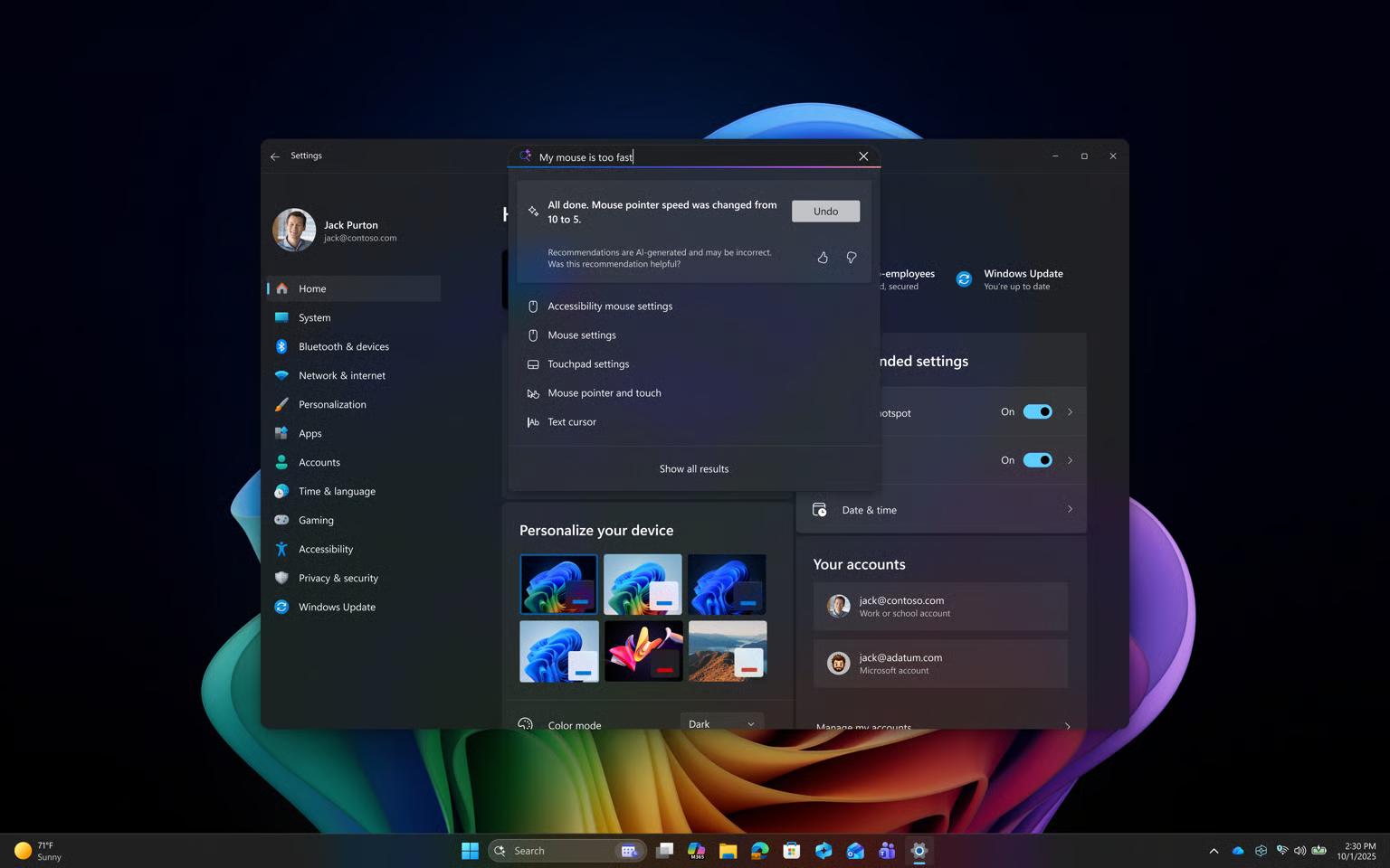 Screenshot of Agent in Settings on a Copilot+ PC using a natural language request.