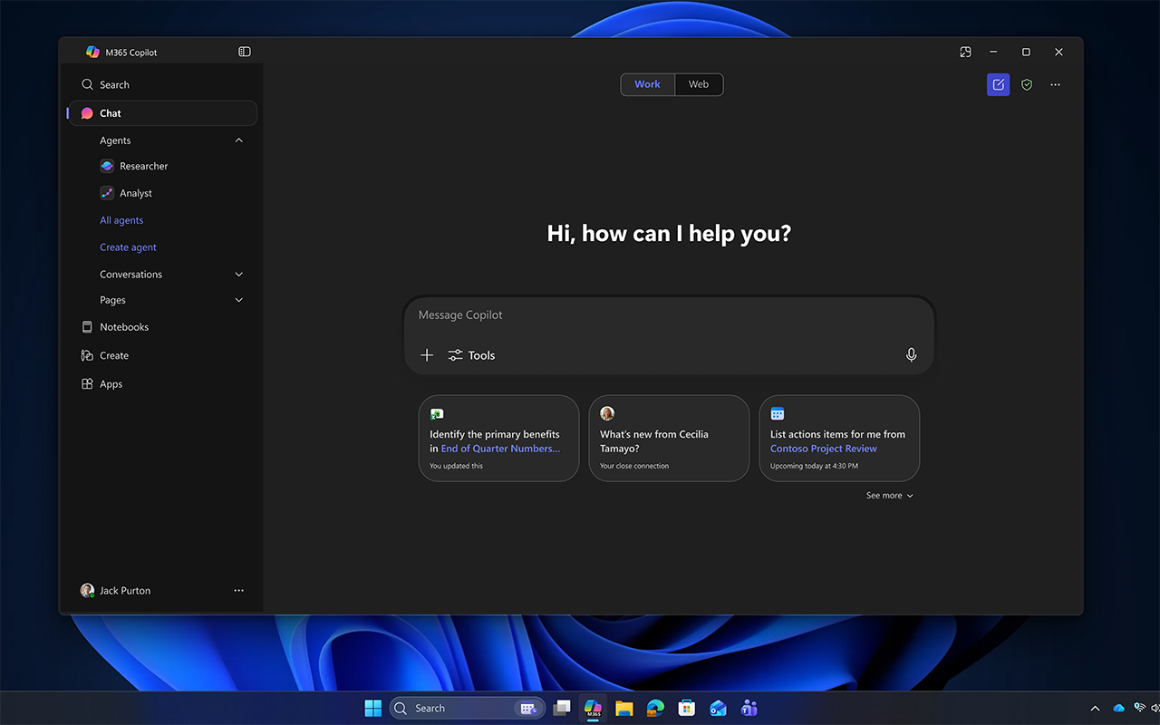 Screenshot of Microsoft 365 Copilot Chat home screen with suggested prompts and available agents.