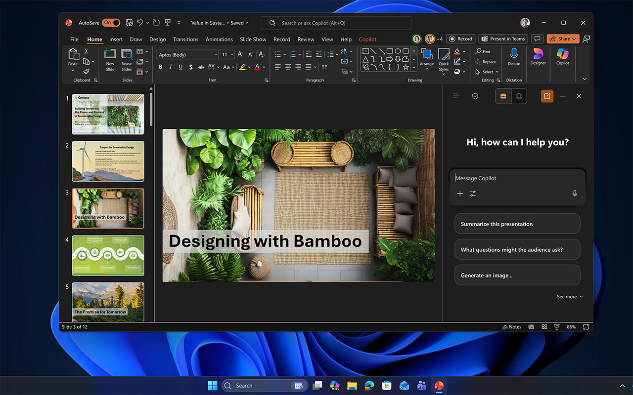 Screenshot of Microsoft PowerPoint with Copilot suggesting presentation content.