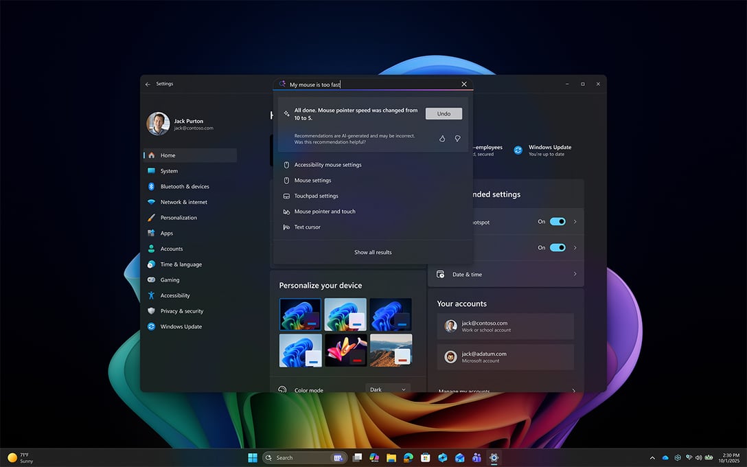 Screenshot of Agent in Settings on a Copilot+ PC.