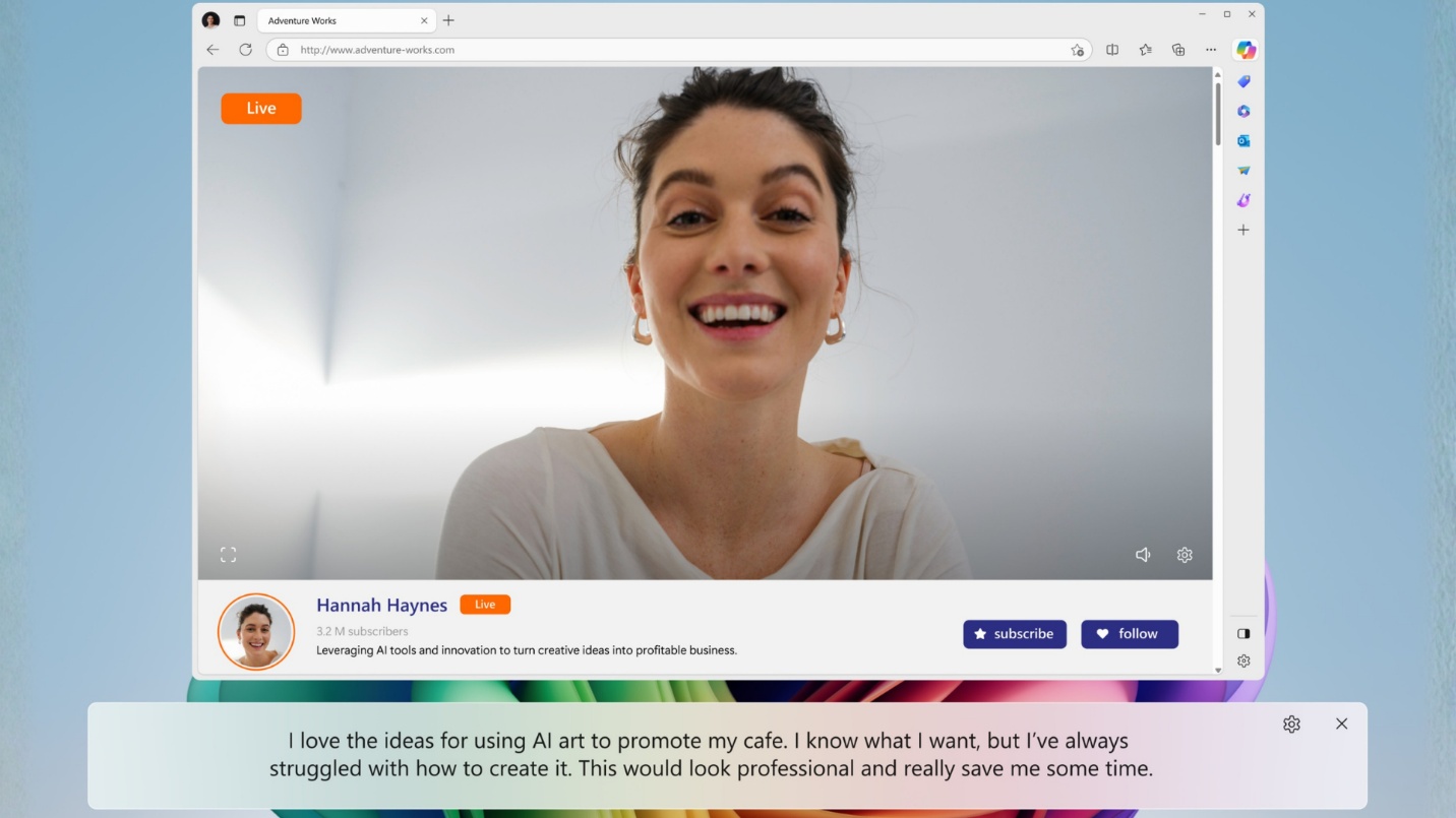 Screenshot of Live Captions in Edge on a Copilot+ PC.