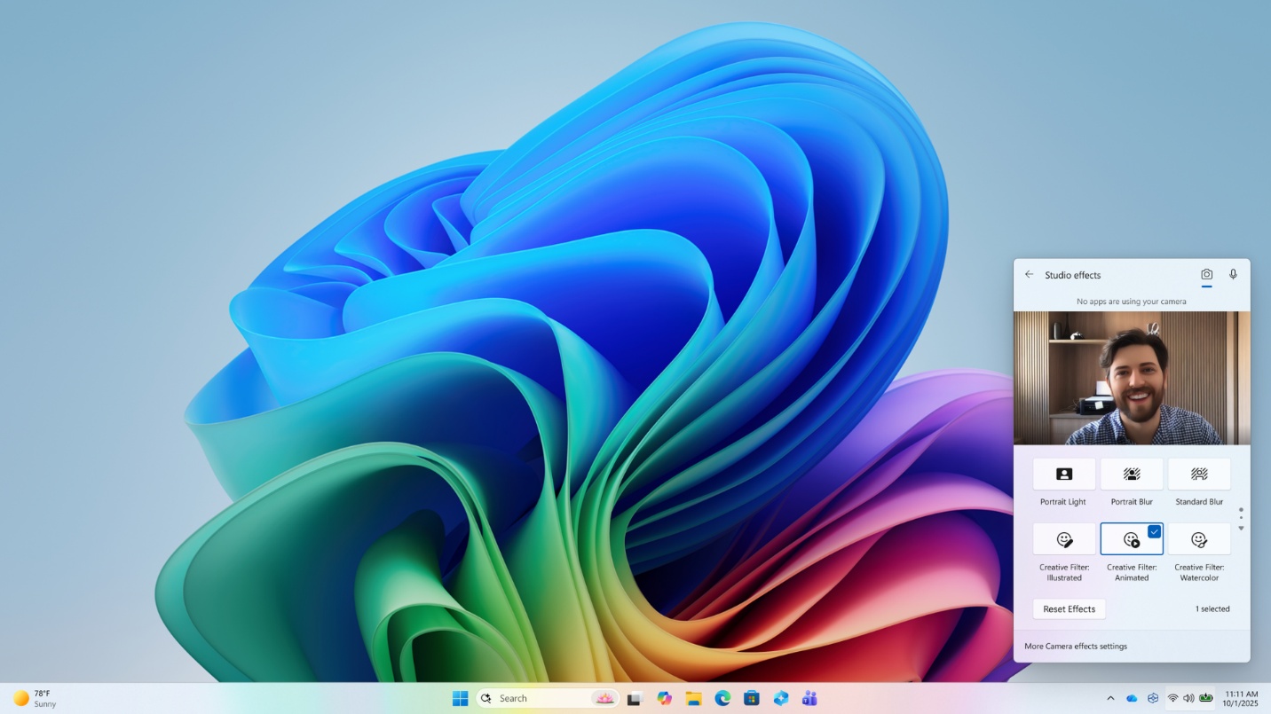 Screenshot of Windows Studio Effects on a Copilot+ PC through the Quick Settings.