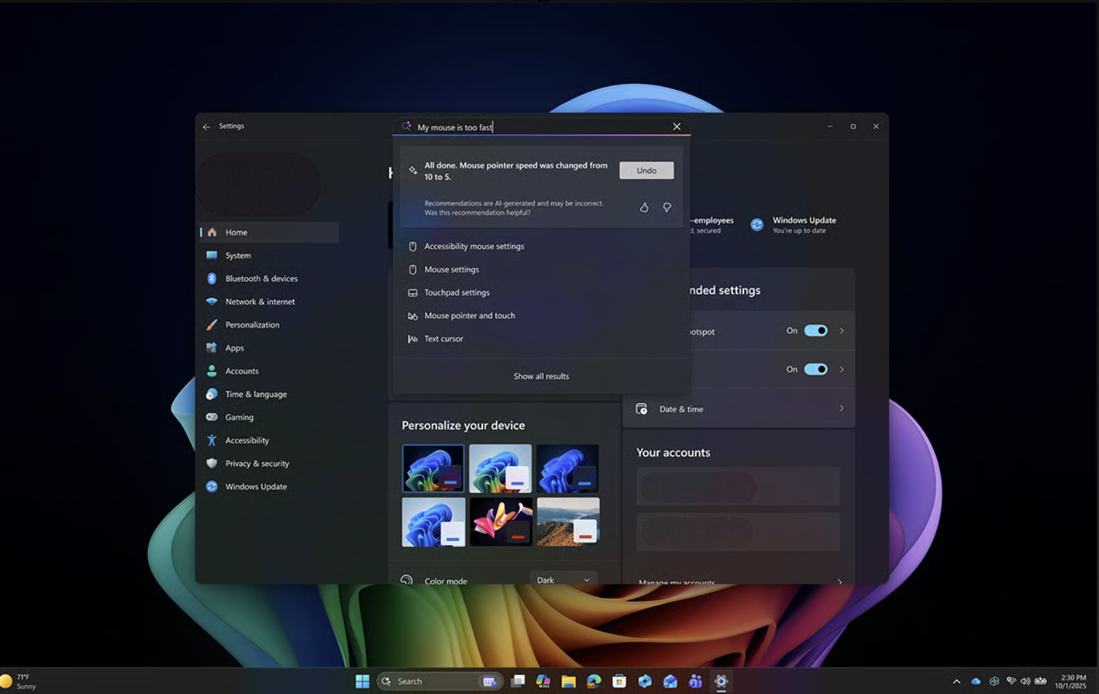 Screenshot of Agent in Settings changing mouse pointer speed from a natural language request.