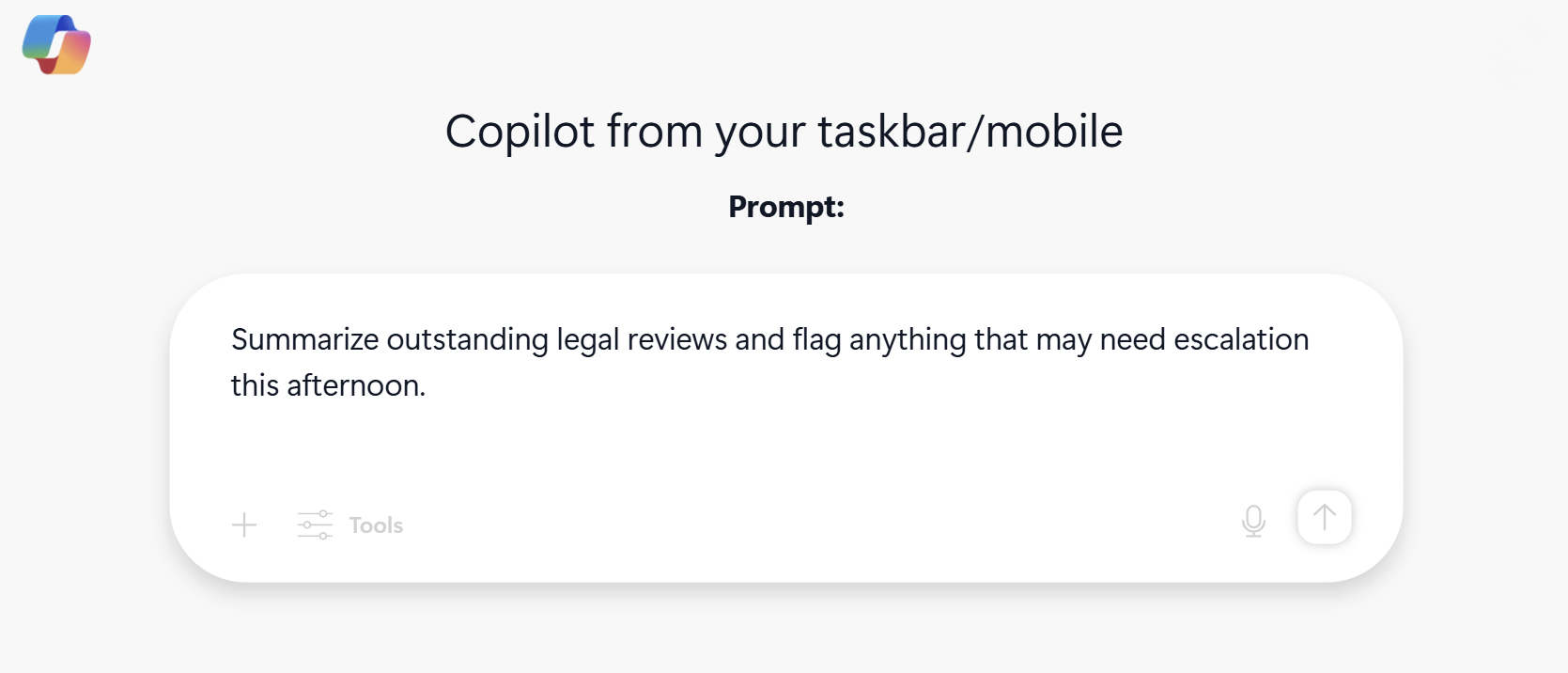 Screenshot of a Copilot prompt to summarize legal reviews and identify escalations.