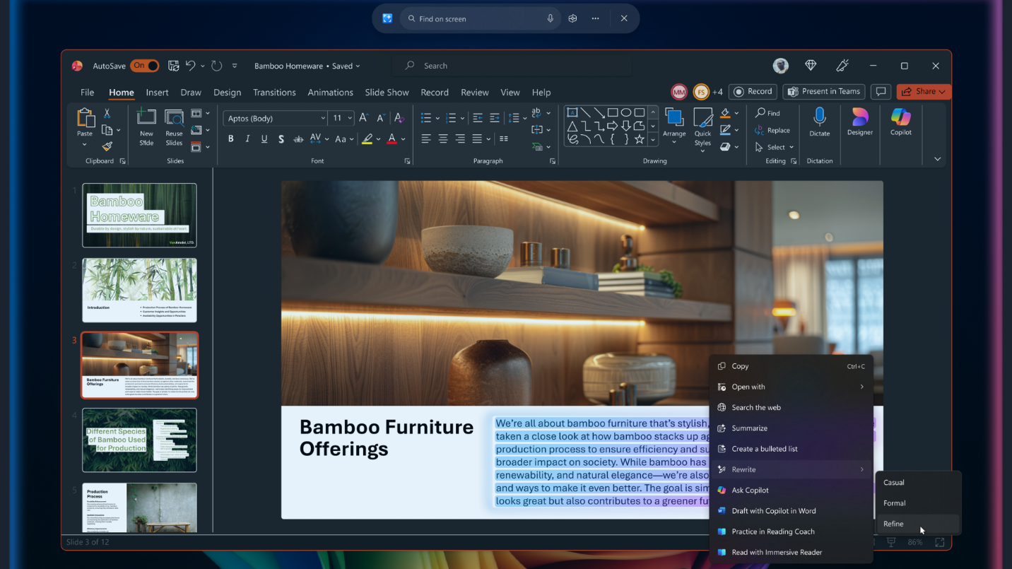 Screenshot of Click to Do being used to rewrite text in PowerPoint.