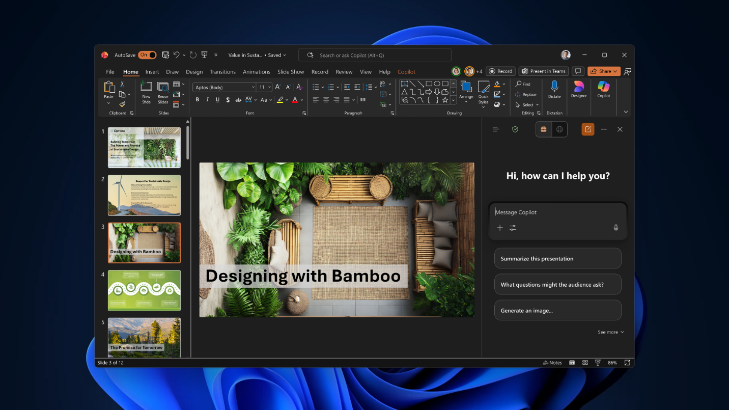 Screenshot of Copilot pane in PowerPoint.
