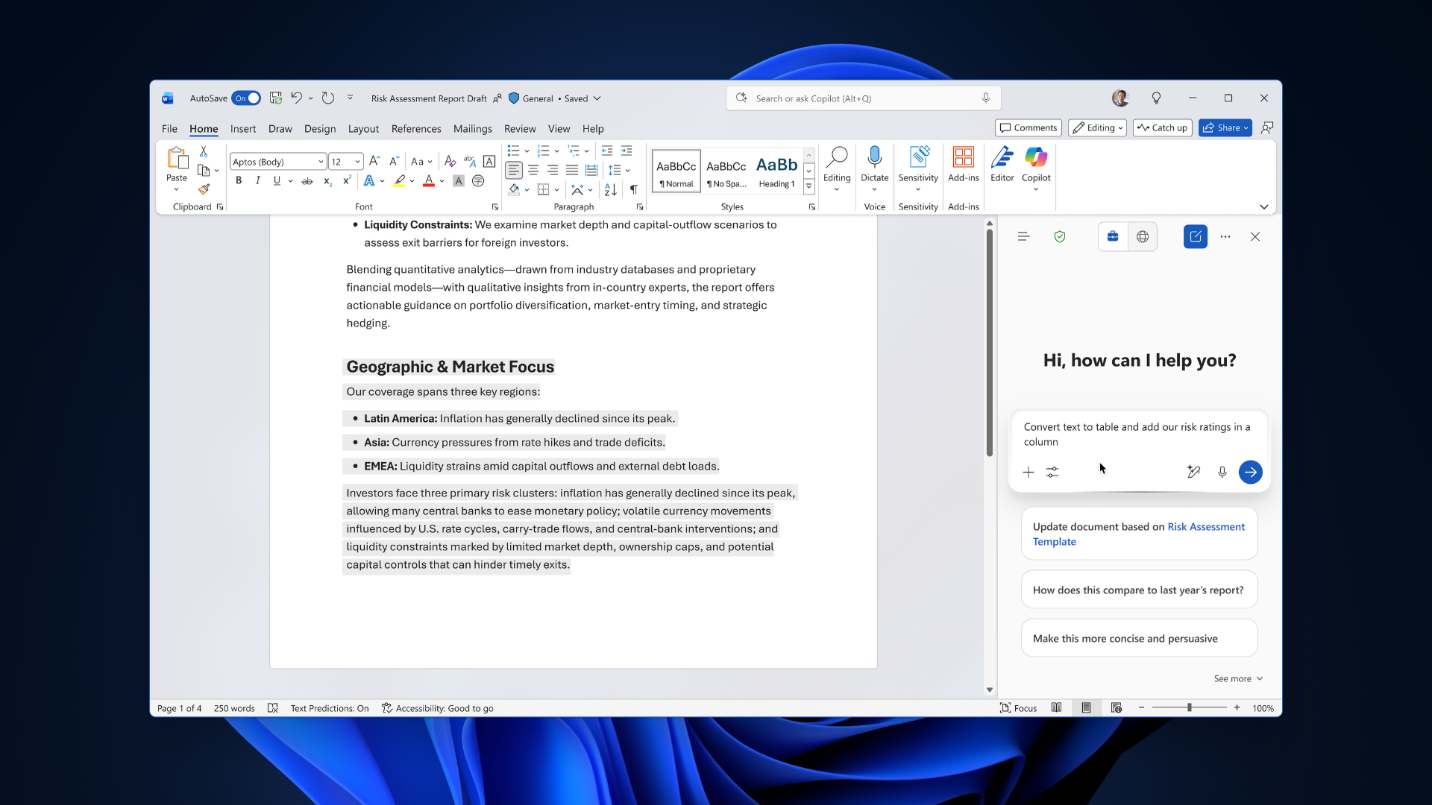 Screenshot of the Copilot pane open in Microsoft Word with a prompt box visible.
