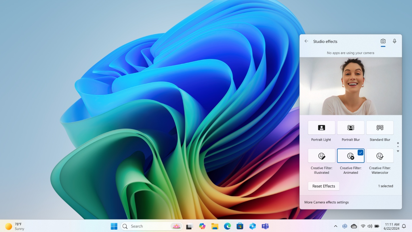 Screenshot of Windows Studio Effects settings in Quick Settings.