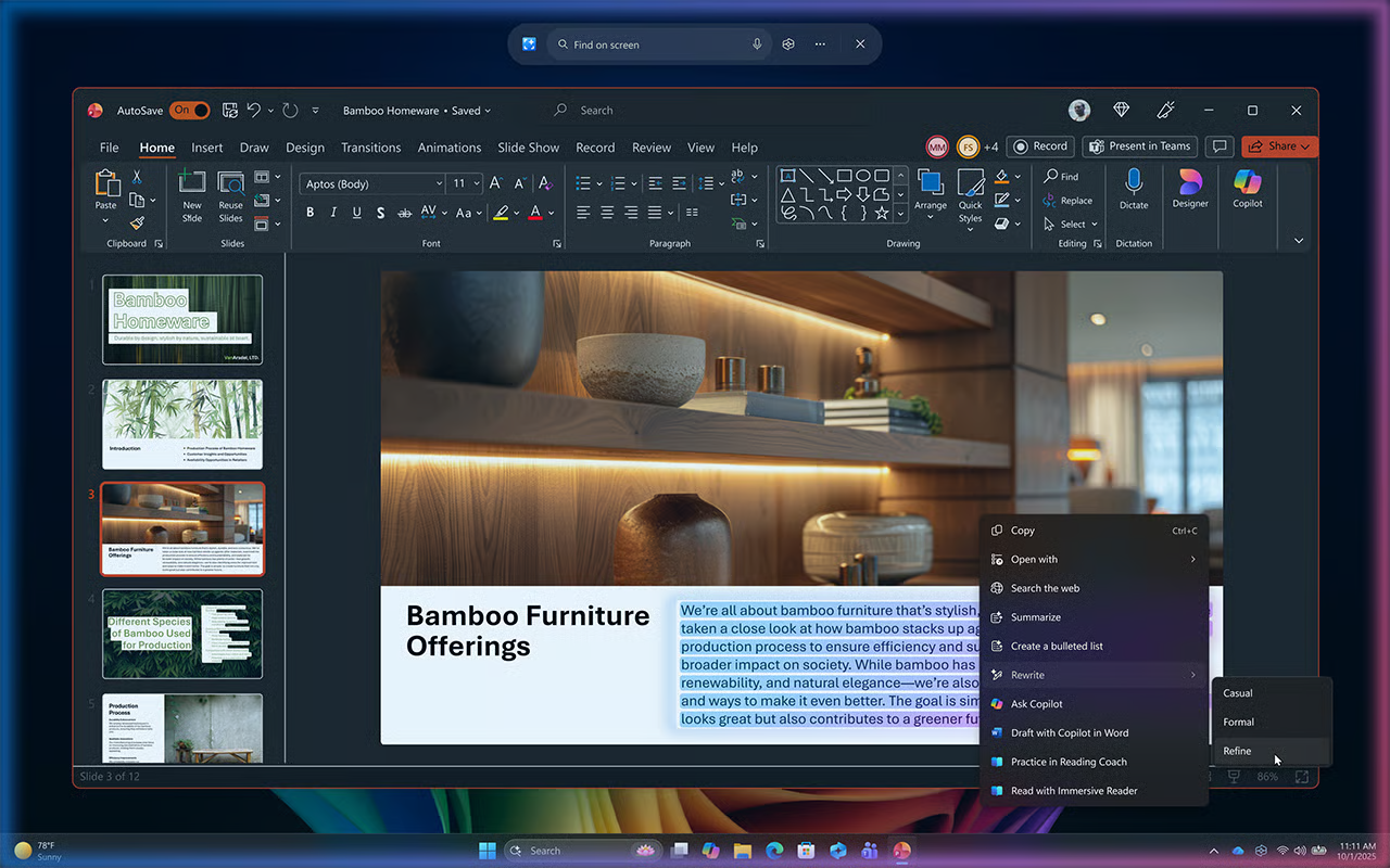 Screenshot of Click to Do showing rewrite suggestions for refining customer communications.