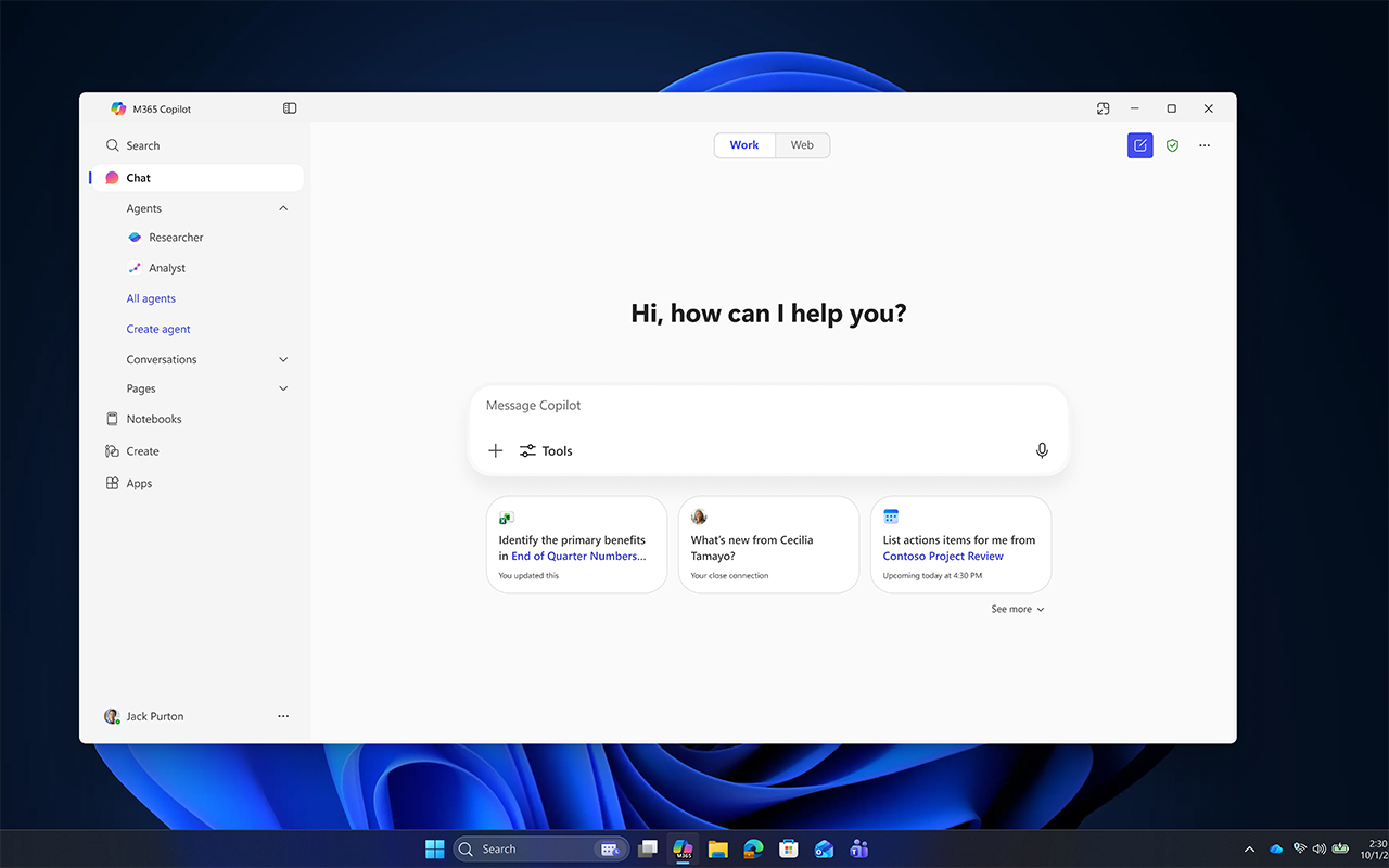 Screenshot of Microsoft 365 Copilot Chat helping prioritize meetings, follow-ups, and daily sales activities.