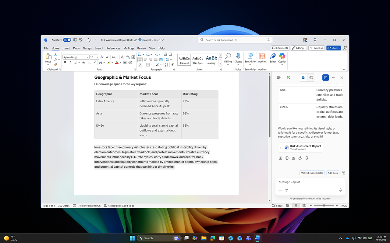 Screenshot of Copilot in Word generating customer-facing content from account information and research.