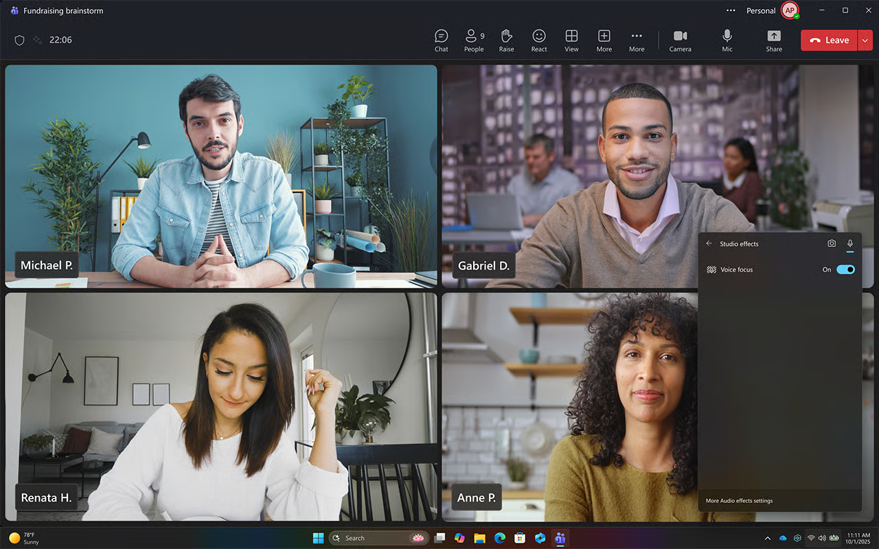 Screenshot of Windows Studio Effects improving video and audio quality during a virtual meeting.