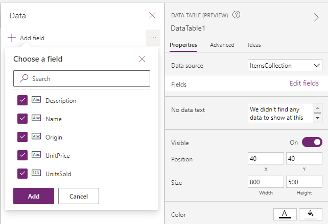 Screenshot of data table fields.