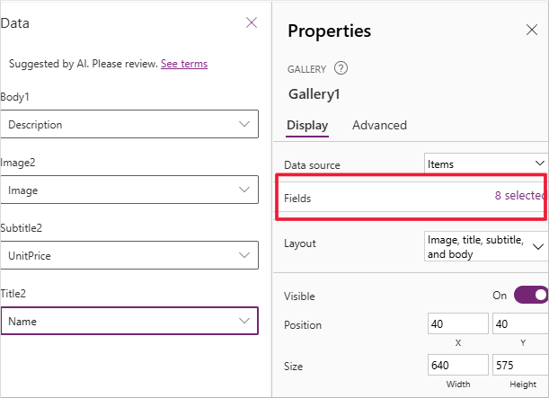 Screenshot of gallery fields.