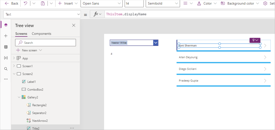 Screenshot of the vertical gallery option from the insert menu with items property set.