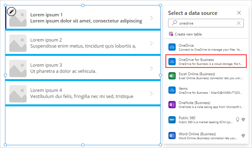 Screenshot of adding OneDrive data source to a gallery.