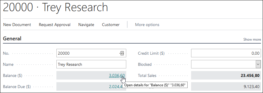 Screenshot of the Balance and Balance Due fields with drill down action.
