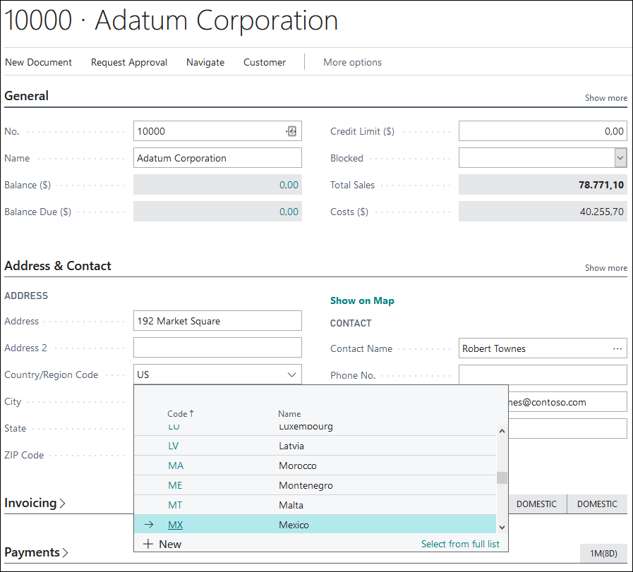 Screenshot of the Country/Region code drop down menu.